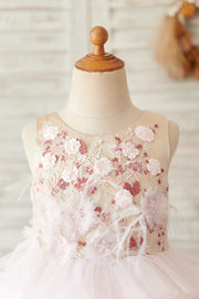 Blush Pink Tulle Embroidery Lace V Back Wedding Flower Girl 