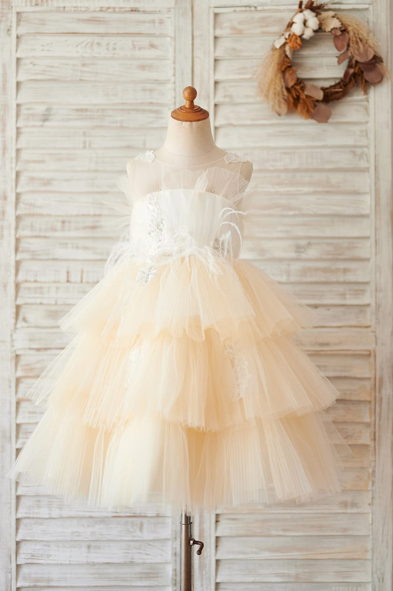 Illusion Champagne Tulle Feathers Wedding Party Flower Girl Dress