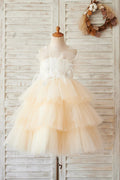 Cupcake Champagne Tulle Beaded Lace Wedding Flower Girl Dress