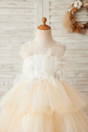 Champagne Cupcake Tulle Beaded Lace Wedding Flower Girl 