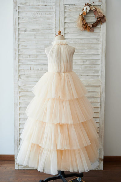 Cupcake Champagne Tulle Halter Neck Floor Length Wedding 