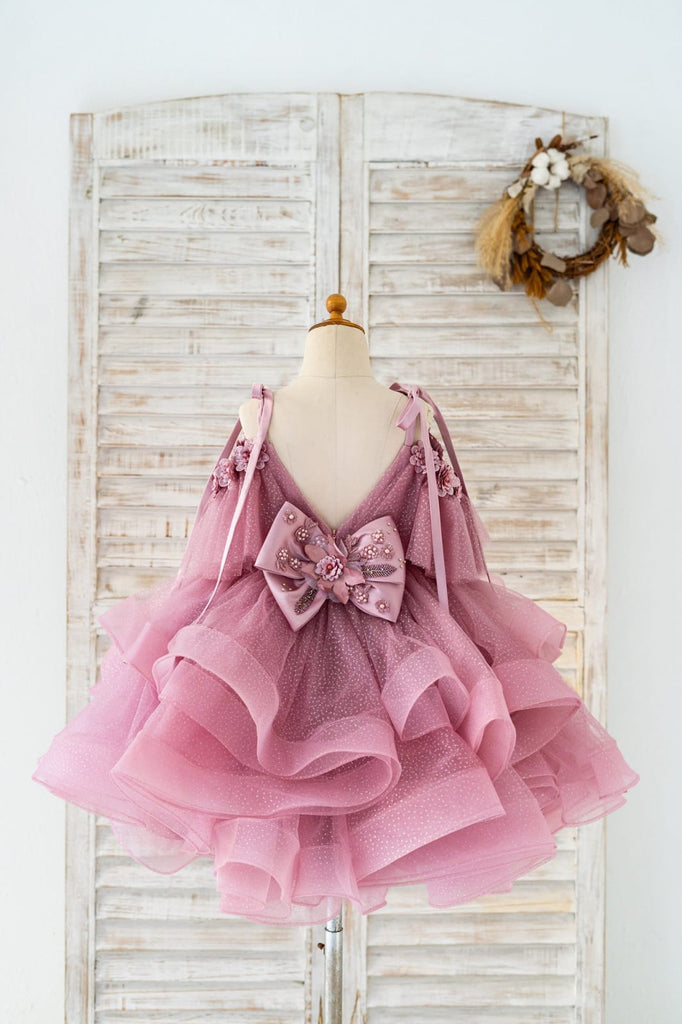 Navy Blue Satin V Neck Wedding Party Flower Girl Dress - Flower Girl Dresses