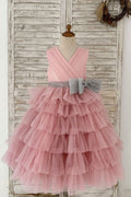 Кекс Лиловый Тюль с V-образным вырезом Свадебное платье с цветочным узором для девочек, блестящий пояс с бантом