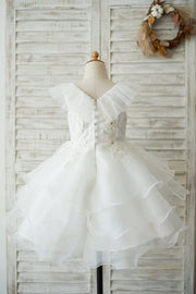 Cupcake V Neck Ivory Lace Organza Wedding Flower Girl Dress 