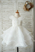 Кекс V-образным вырезом цвета слоновой кости Кружево из органзы Свадебное платье с цветочным узором для девочек, бисер