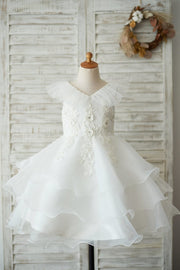 Cupcake V Neck Ivory Lace Organza Wedding Flower Girl Dress 