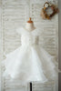 Vestido de niña de las flores de la boda del organza del cordón de la marfil del cuello en V de la magdalena, abalorios - 2T