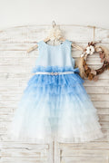 Cupcake Ombre Azul Brilhante Tule Vestido De Flores De Casamento