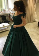 Verde scuro Satin Sweep Ball Gown Off Shoulder Prom Dress, Lace Perline