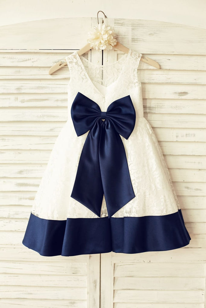 Deep V Back Ivory Lace Flower Girl Dress with Navy Blue Bow