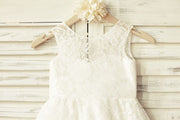 Deep V Back Ivory Lace Flower Girl Dress with Navy Blue Bow