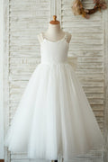 Deep V Back Ivory Lace Tulle Wedding Flower Girl Dress, Bow