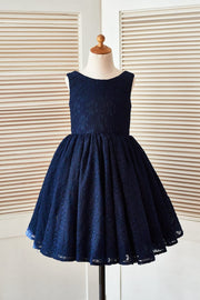 Deep V Back Navy Blue Lace Wedding Flower Girl Dress with 
