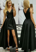 Атласное черное платье для выпускного вечера без рукавов с двойным V-образным вырезом и высокой низкой юбкой, плиссированное