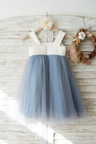 Dusty Blue Tulle Beaded Lace Wedding Flower Girl Dress