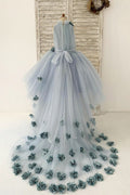 Пыльно-синее тюлевое свадебное платье с цветочным узором для девочек, детское праздничное платье, с скользящим шлейфом