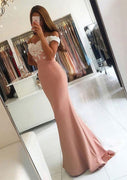 Dusty Pink Off Shoulder Elastic Satin Lace Formal Prom Dress, Fishtail