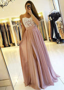 Dusty Rose A-line Straps Split Lace Pleated Chiffon Prom Dress