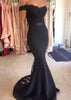 Elastic Satin Prom Dress Black Trumpet/Mermaid Off Shoulder Sweep Train, Lace