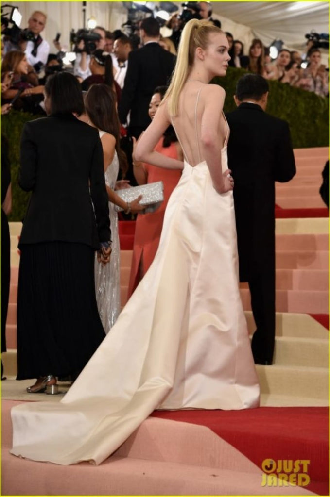 Elle Fanning Satin Slip Plunge Backless Celebrity Dress Met Gala