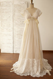 Empire Waist Maternity Cap Sleeves Lace Tulle Wedding Dress