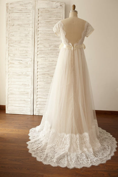 Empire Waist Maternity Cap Sleeves Lace Tulle Wedding Dress