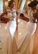 Fishtail Sleeveless Illusion Lace Ivory Satin Sweep Mermaid Evening Gown
