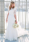 Bodenlanges Bateau-Hochzeitskleid mit halben Ärmeln aus Spitze im Meerjungfrau-Stil