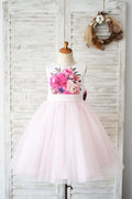 Floral Print Satin Pink Tulle V Back Wedding Flower Girl Dress