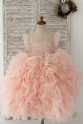 Пышные рукава, бисер, персиковый тюль из органзы, свадебное платье с цветочным узором для девочек, детская вечеринка