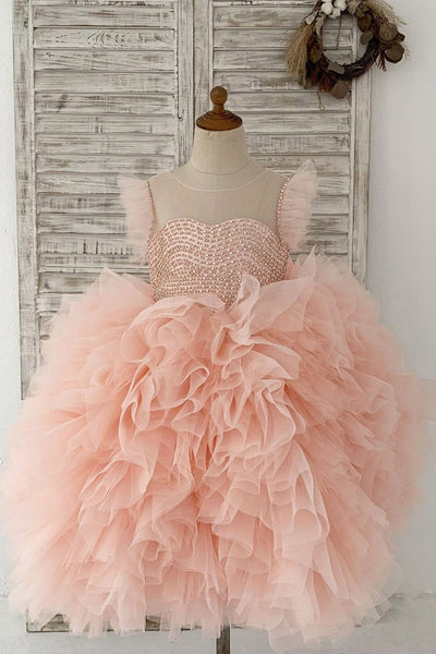 Fluffy Sleeves Beaded Pink Tulle Organza Wedding Flower Girl
