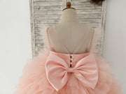 Fluffy Sleeves Beaded Pink Tulle Organza Wedding Flower Girl