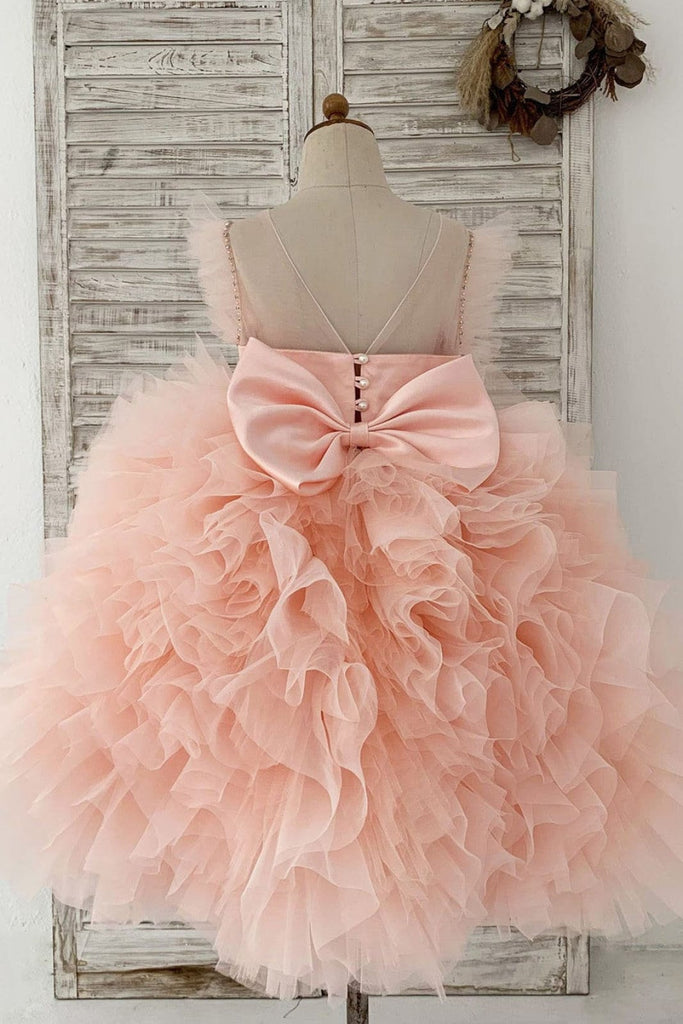 Fluffy Sleeves Beaded Peach Tulle Organza Wedding Flower Girl