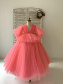 Fluffy Sleeves V Neck Coral Yellow Tulle Wedding Flower Girl Dress Kids Party