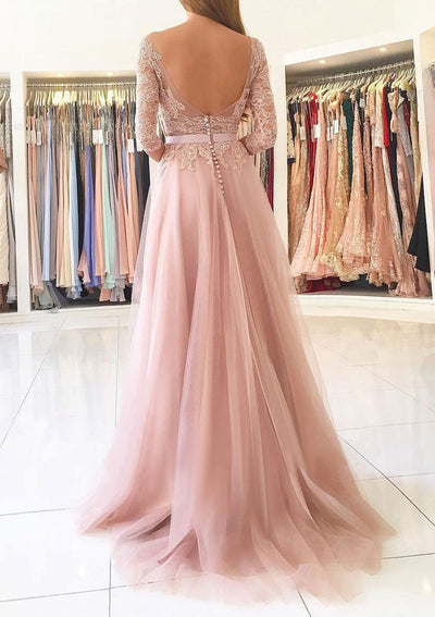 Formal Bateau 3/4 Sleeve Slit Sweep Blush Lace Tulle Evening