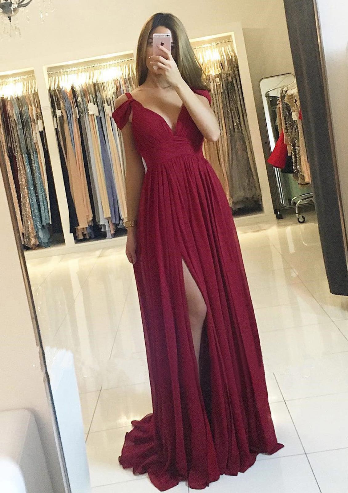 Formal Cold Shoulder A-line Split Burgundy Chiffon Long Bridesmaid Dre - Princessly Formal Cold Shoulder A-line Split Burgundy Chiffon Long Bridesmaid Dre - Princessly