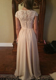 A-line Bateau Cap Sleeve Cream Lace Chiffon Bridesmaid Dress