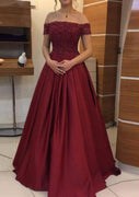Formal A-line Off Shoulder Sleeveless Long Burgundy Bridesmaid Evening Dress, Lace Pleated