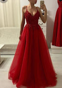 Formal A-line Sleeveless Floor-Length Tulle Evening Prom Dress, Beaded Lace