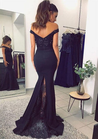 Formal Mermaid Navy Satin Off Shoulder Fishtail Evening Gown