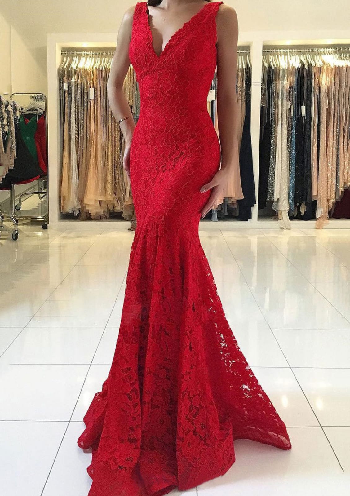 Formal V Neck Sleeveless Sweep Train Red Lace Mermaid Prom Gown Evenin