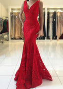 Formal V Neck Sleeveless Sweep Train Red Lace Mermaid Prom Gown Evening Dress
