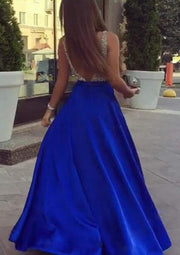 Formal Princess Plunging Sleeveless Long Royal Blue Satin 