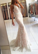 Formal Sleeveless Plunge White Lace Overlay Mermaid Evening Gown, Buttons