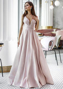 Formal Sleeveless Plunging V Back Ruched Waistband Satin Floor Length Prom Dress