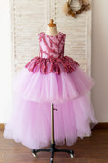 Фуксия, тюлевое платье с блестками и V-образным вырезом на спине, свадебное платье с цветочным узором для девочек, детское праздничное платье