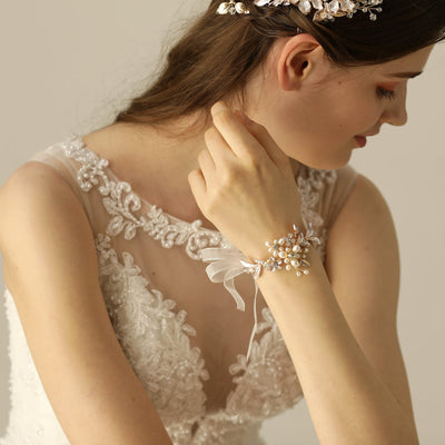 Girls Bridesmaid Flowers Pearl Bracelet Crystal Wedding Prom