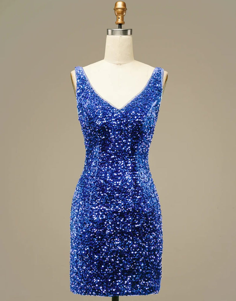 Glitter Blue Sequin Straps Backless Mini Prom Homecoming 