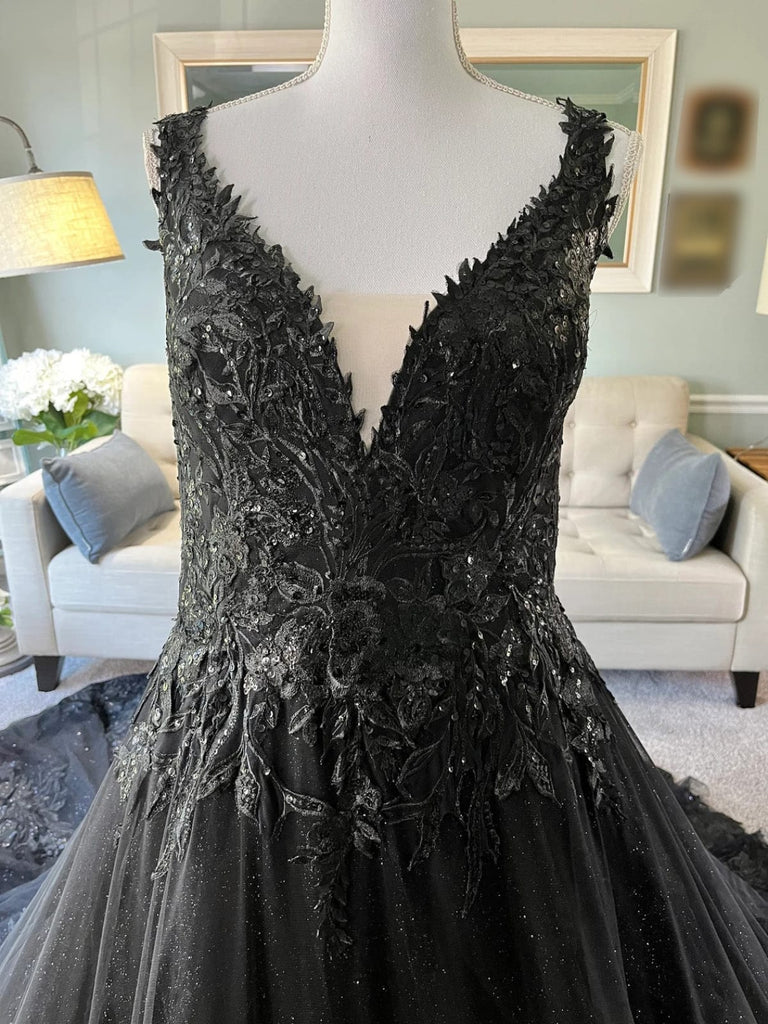 Glitter Embroidered Lace Ball Gown Cathedral Gothic Black