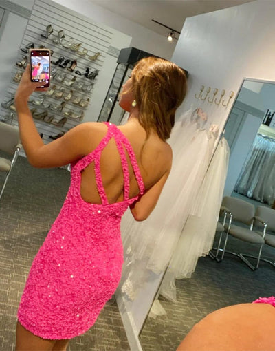 Glitter Hot Pink Sequin One Shoulder Homecoming Wedding 